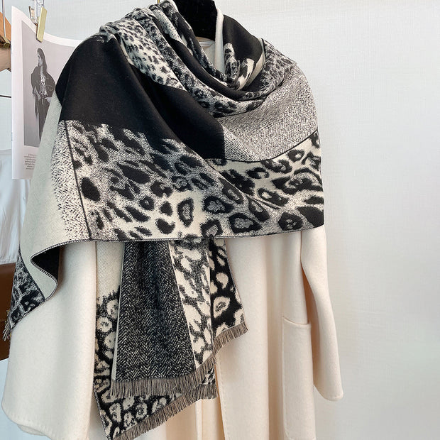 Colorblock Leopard Print Thick Warm Temperament Shawl Scarf