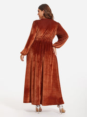 Floral Print Belted Split Wrap Velvet Maxi Dress