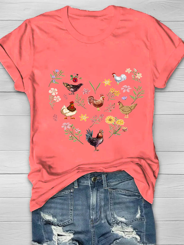 Wild Flowers And Chickens Printed Crew Neck Women's T-shirt