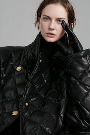 Quilted Lambskin Down Coat for Women – Elegant Mid-Length Slim Fit Jacket with Waist Design, White Duck Down Winter Outerwear