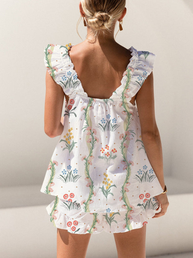 Fresh Style Flowers And Plants Print Ruffled Trim Short Tank Top Shorts Pajama Set