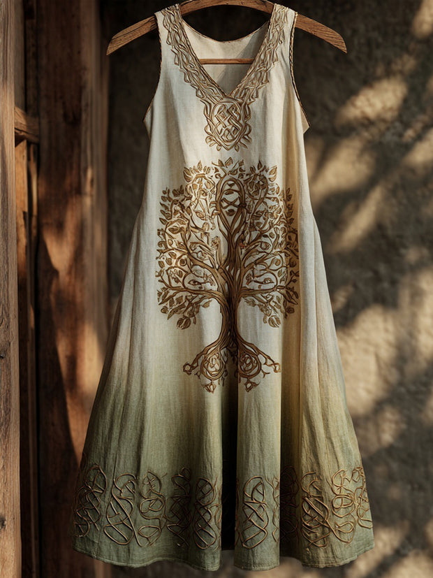 Vintage Celtic Tree Of Life Embroidered Gradient Linen Midi Dress