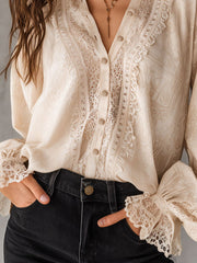 Romantic Victorian-Inspired Cream Print Lace Blouse