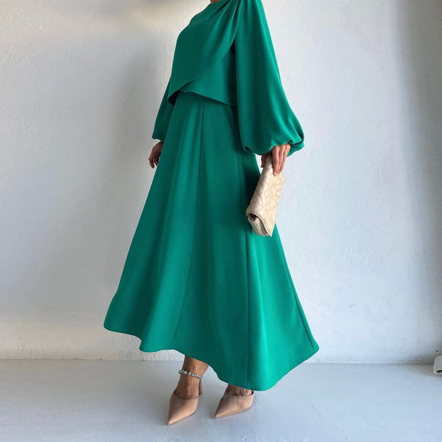 Fashion Bubble Sleeve Long Skirt Two -piece Suit