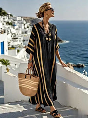 Classic V-neck Drop Shoulder Striped Midi Dress