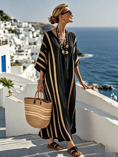 Classic V-neck Drop Shoulder Striped Midi Dress