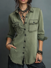 Vintage Raw Edge Long Sleeve Washed Blouse