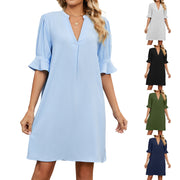 Solid Color V Neck Loose Pleated Dresses for Women