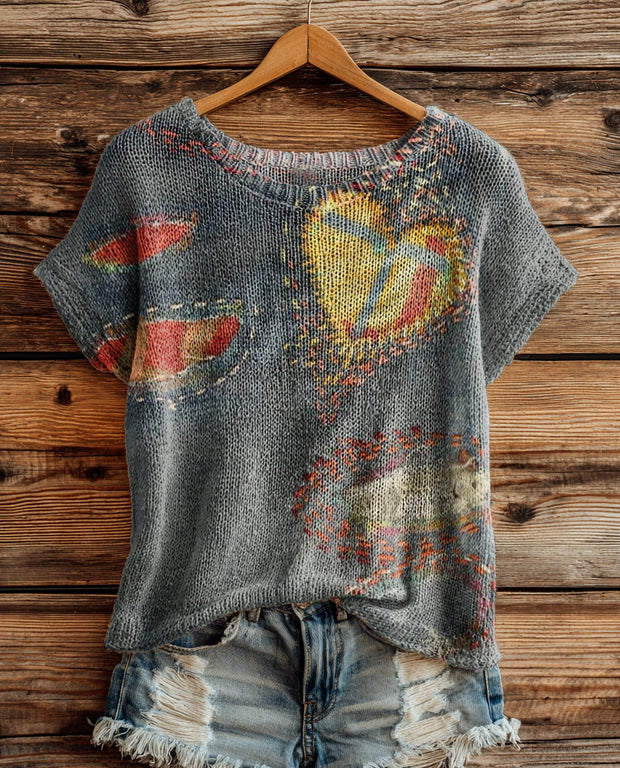 Women's Heart Patchwork Art Pattern Print Casual Crew Neck Short Sleeve Knitted Sweater