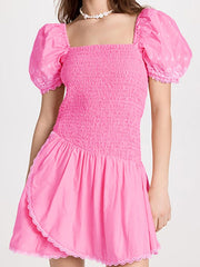Pink puff sleeve pleated dress