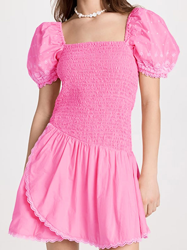 Pink puff sleeve pleated dress