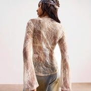 V-neck long-sleeved lace see-through Top