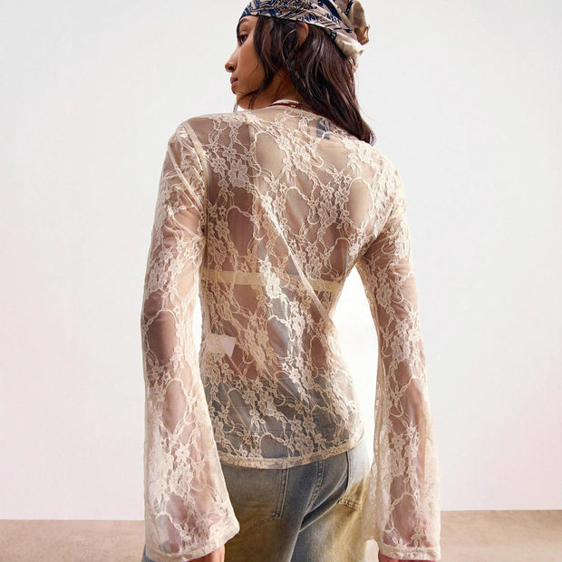V-neck long-sleeved lace see-through Top
