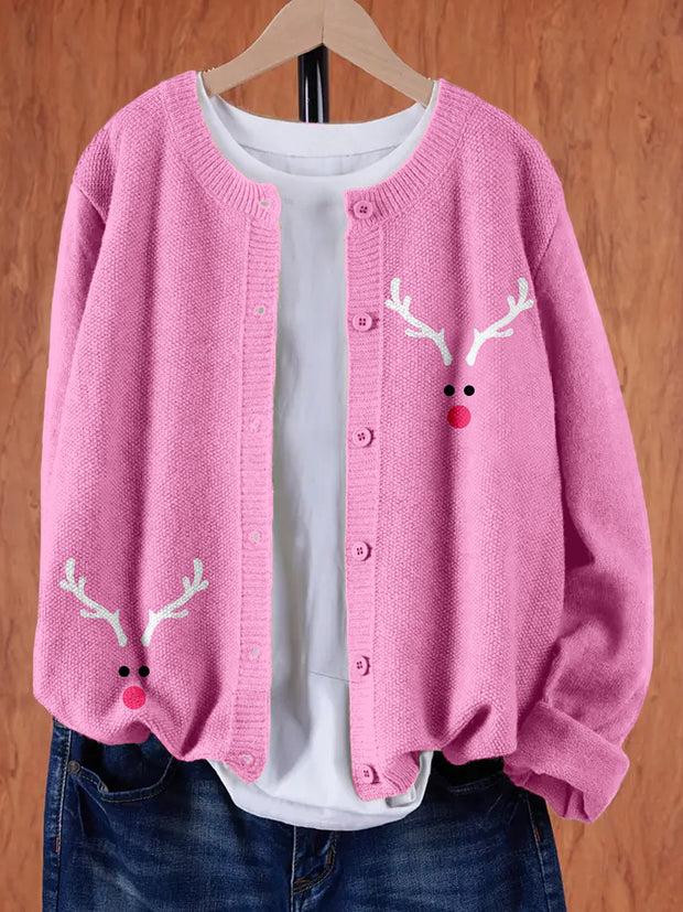 Pink Christmas Reindeer Graphic Cozy Knit Cardigan