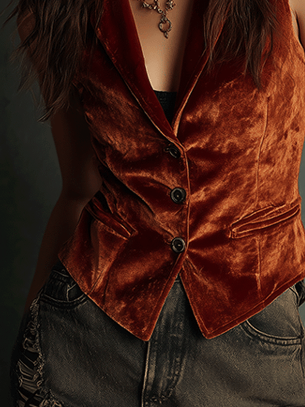 Casual Vintage Caramel Brown Velvet Vest