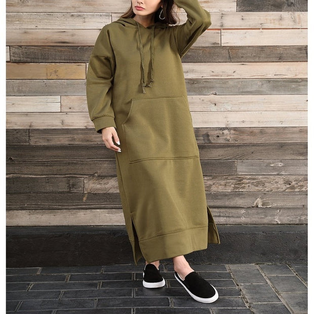 Autumn Winter New Loose Velvet Casual Fashion Big Pocket Knitted Hooded Maxi Dress