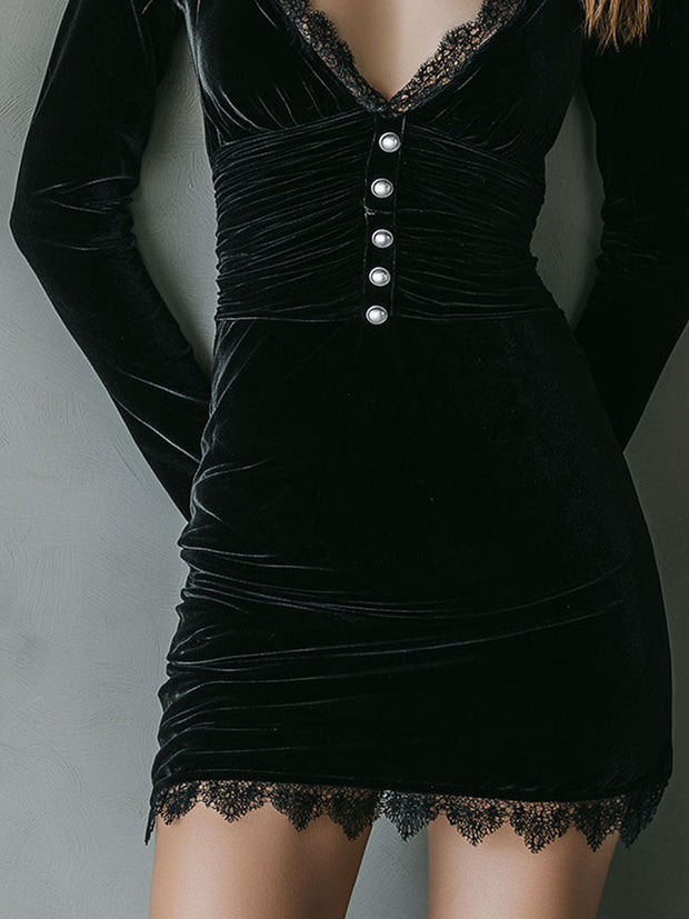 Chic V-Neck Pleat Waist Black Velvet Mini Dress With Lace Trim