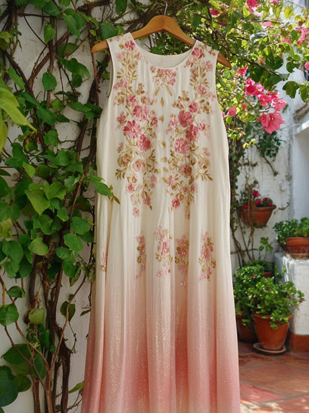 Elegant Flowers Embroidered Pink Gradient Linen Midi Dress