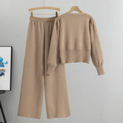 Retro knitted short jacket top wide leg pants two-piece set