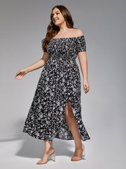 Plus Floral Off-Shoulder Split Midi Dress