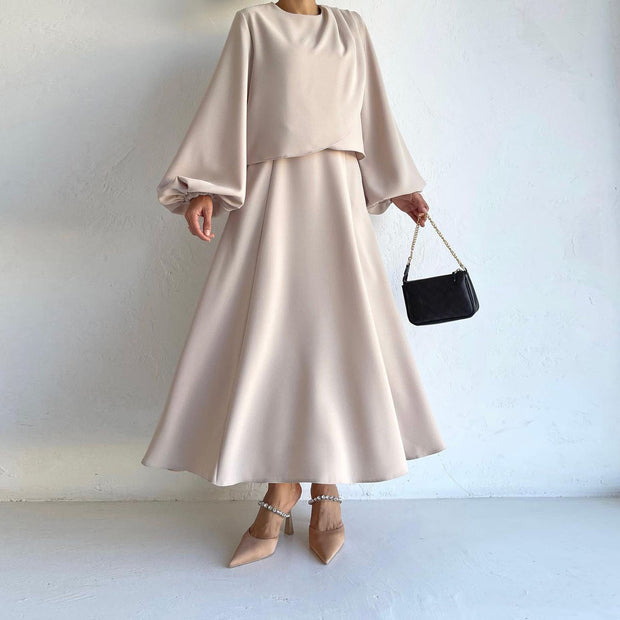 Fashion Bubble Sleeve Long Skirt Two -piece Suit