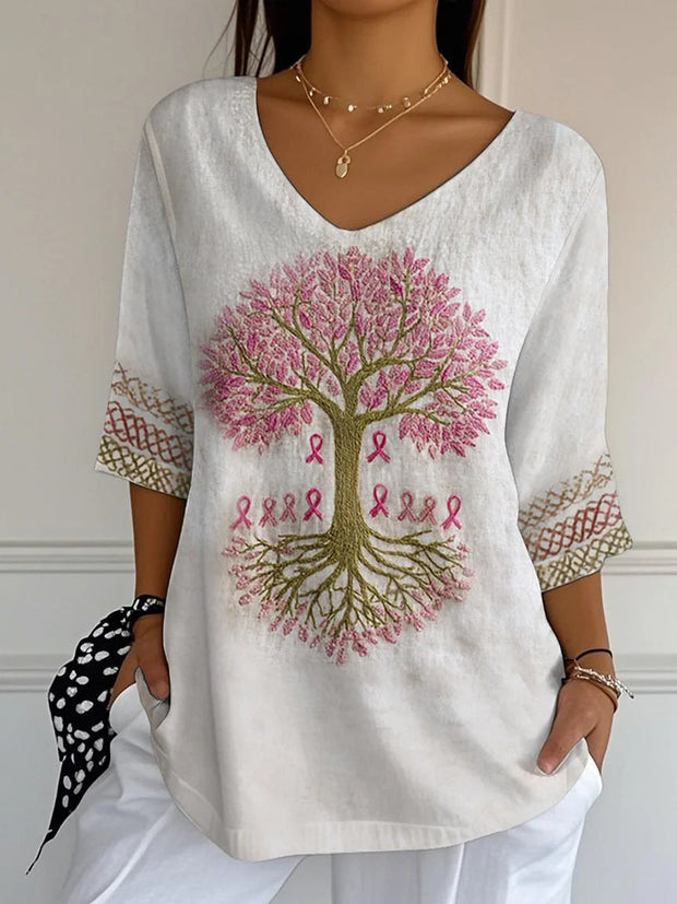 Women's Breast Cancer Consciousness Tree Of Life Webbing T-shirt
