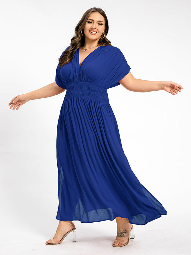 V-Neck Batwing Sleeve Pocket Ruched Waist Maxi Dress