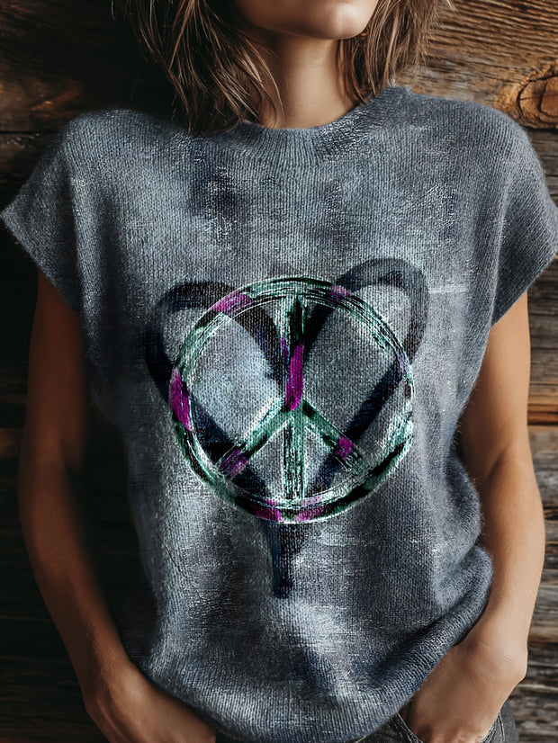 Women's Hippie Love Print Casual Crew Neck Short Sleeve Knitted Sweater