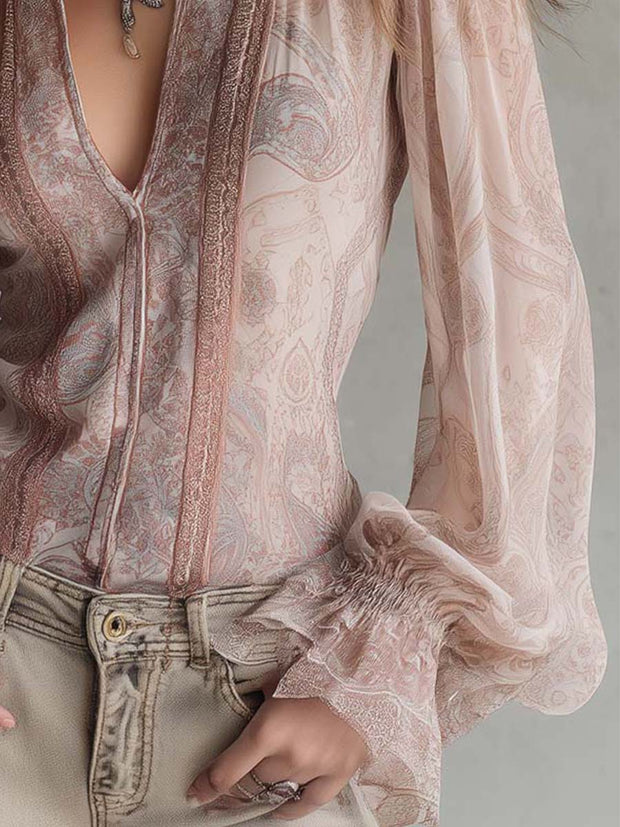 Vintage Sheer Paisley Lace Trim Blouse