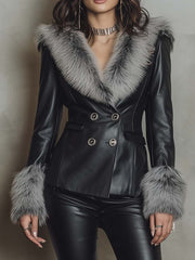 Eco-Leather Double-Breasted Jacket With Faux Fur Collar & Cuffs
