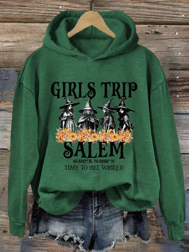 Women's Girl's Trip Salem Time To Get Wicked Halloween Print Hoodie