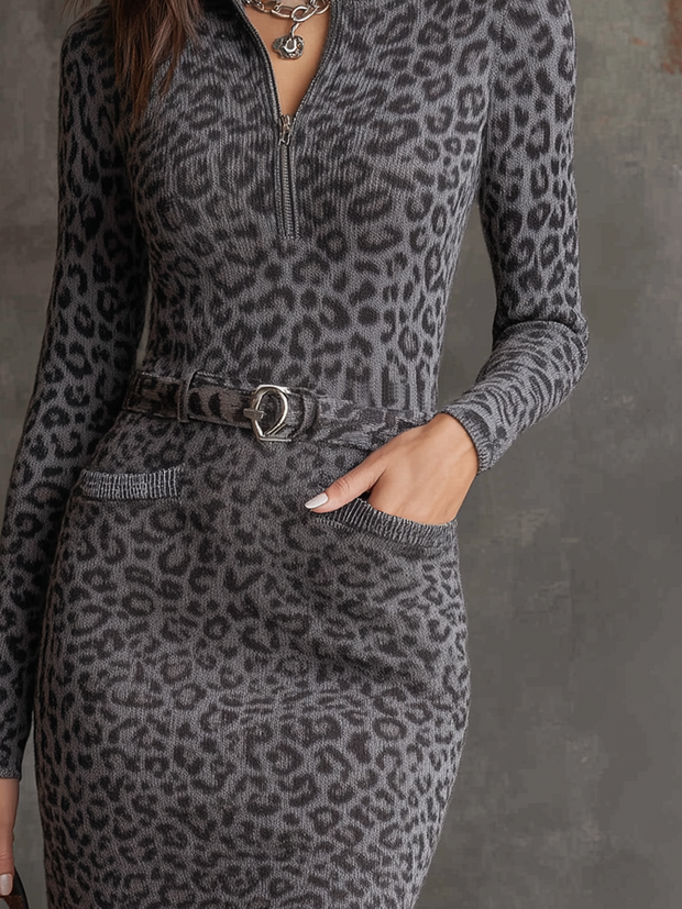 Retro Zipper Collar Leopard Knitted Mini Dress