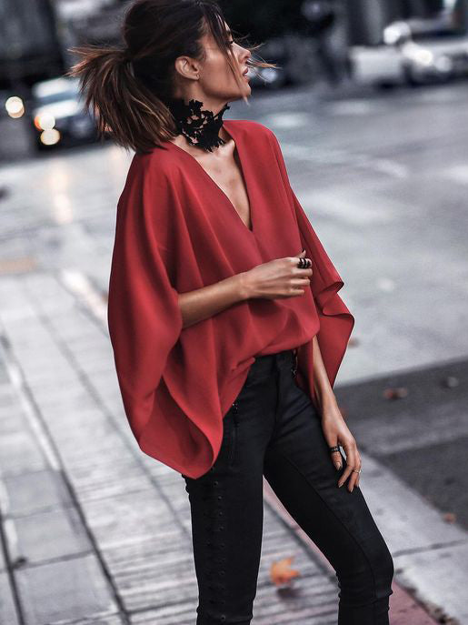 Loose Batwing Sleeves Solid Color V-Neck Blouses&Shirts Tops