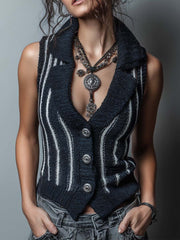 Bohemian Style Navy Blue Contrast Striped Knitted Slim Vest