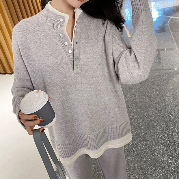 Casual Knitted Sweater Wide Leg Pants Two-pieces Set