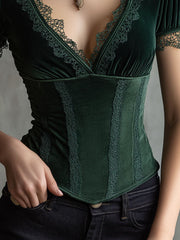 Romantic Velvet Lace Corset Puff Sleeve Blouse