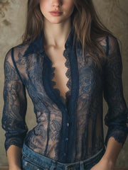 Romantic Paisley Print Lace Trim Sheer Shirt