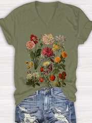 Vintage Garden Flowers Print V Neck T-shirt