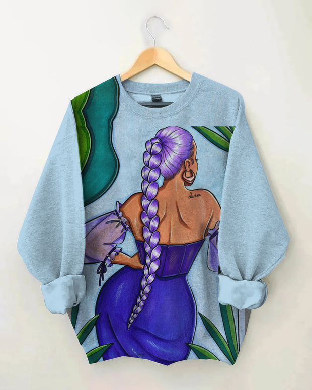 In Her Garden Colored Art Print Long Sleeve Sweatshirt