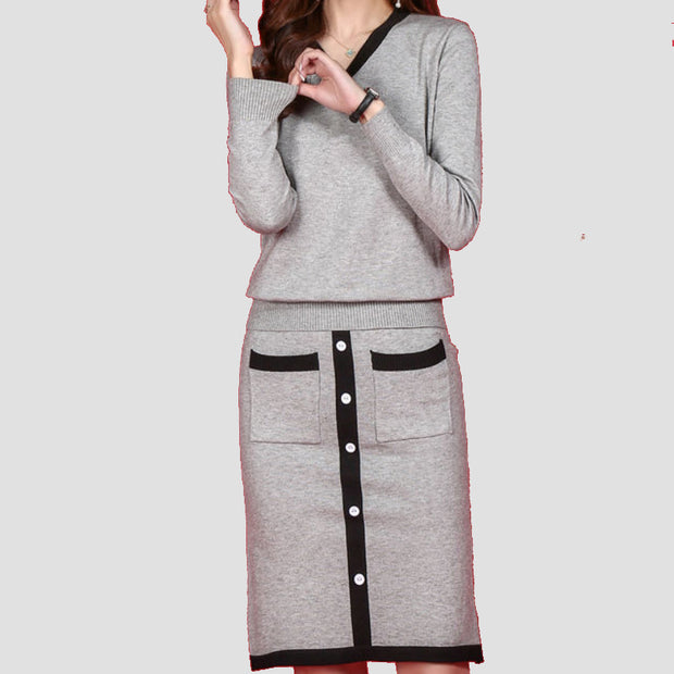 Elegant Color Block V-neck Woolen Set