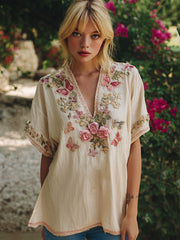 Vintage Floral Butterfly Embroidery Art Short Sleeve Linen Blend T-shirt