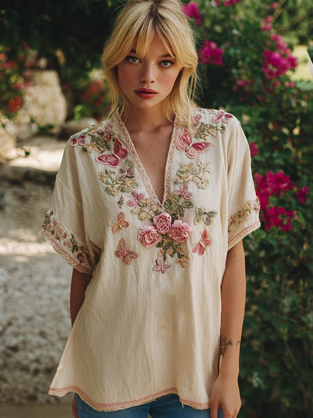 Vintage Floral Butterfly Embroidery Art Short Sleeve Linen Blend T-shirt