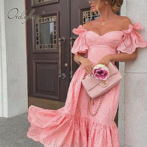 Summer Women Embroidery Party Dress Off Shoulder Short Sleeve Slash Neck Pink Tunic Beach Dress