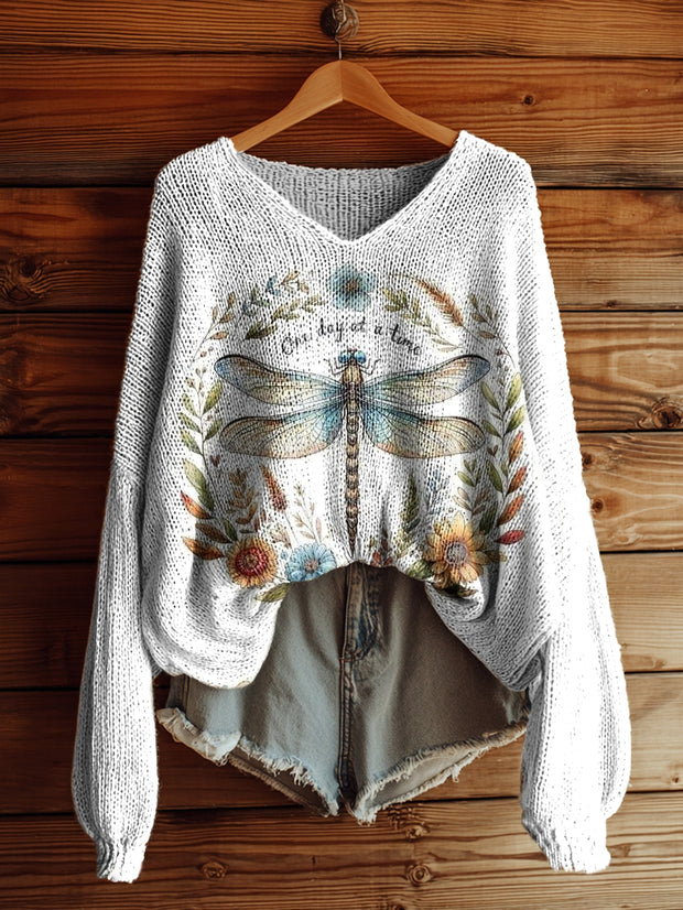 Women's Dragonfly Floral Art Print Casual Pullover Sweater