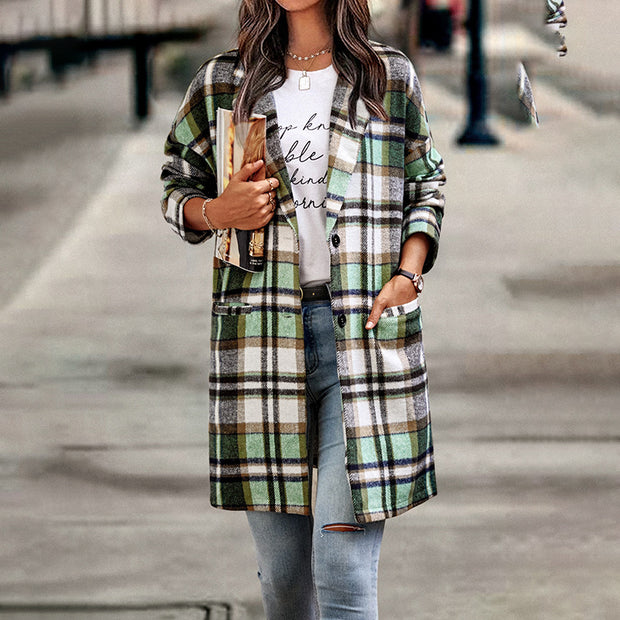 Wearshes Checked Long Sleeve Casual Coat