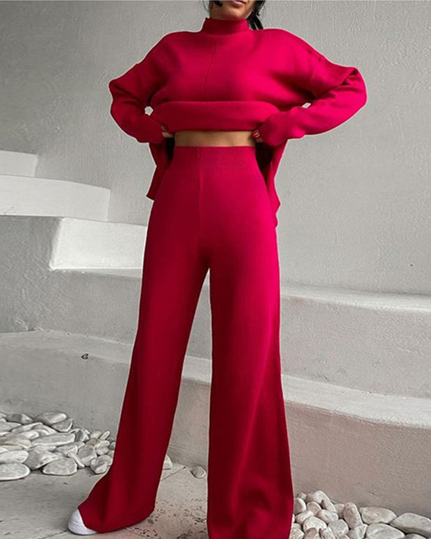 Knitted turtleneck loose top + pants two-piece set