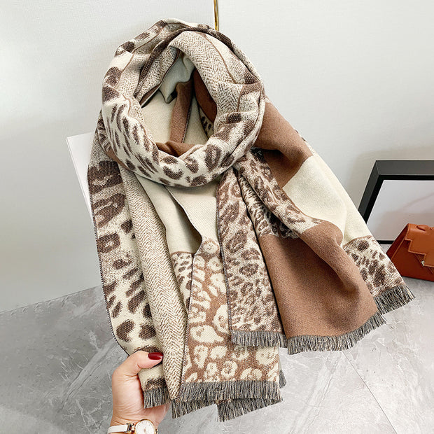 Colorblock Leopard Print Thick Warm Temperament Shawl Scarf
