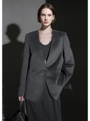 Soft Cashmere Blend Blazer for Women – V-Neck Structured Shoulder Suit Jacket, Elegant Office Wear for Fall