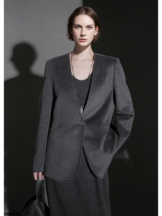 Soft Cashmere Blend Blazer for Women – V-Neck Structured Shoulder Suit Jacket, Elegant Office Wear for Fall