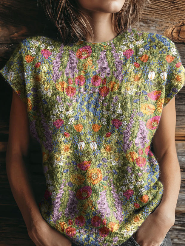 Women's Colorful Ethnic Flowers Art Print Casual Crew Neck Short Sleeve Knitted Sweater